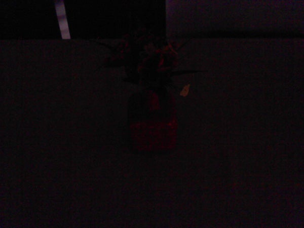 Dark image of a flower vase on a table.