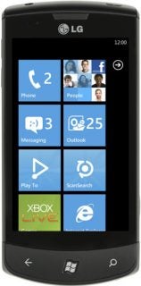 LG Optimus 7 smartphone displaying Windows Phone 7 interface.