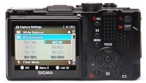Sigma DP1x camera displaying ISO sensitivity settings on screen.