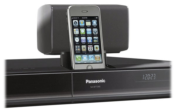 Panasonic SC-BTT350 home theater system with smartphone docked.