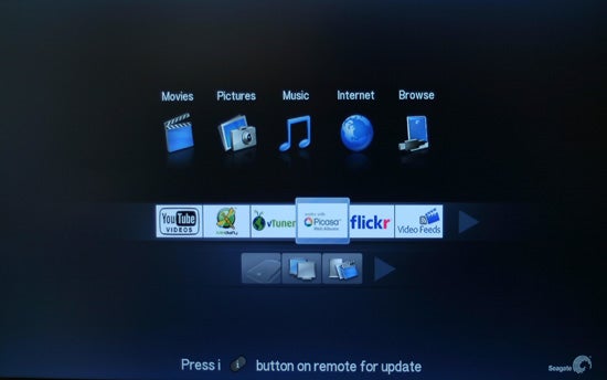 Seagate FreeAgent GoFlex TV interface with streaming service icons.