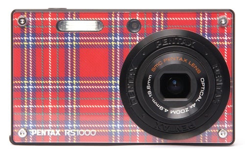 Pentax Optio RS1000 camera with plaid front panel design.