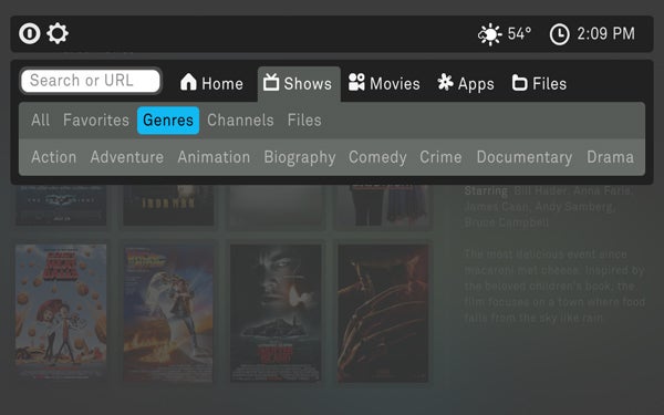 D-Link Boxee Box interface showing movie selections and genres.