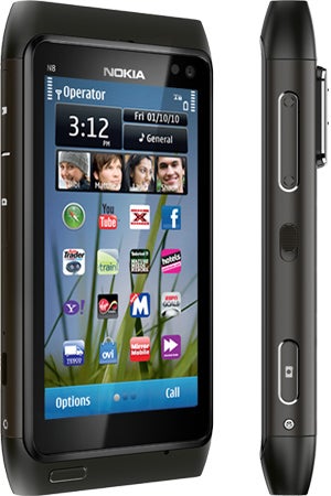 Nokia N8 smartphone showing screen and side profile.