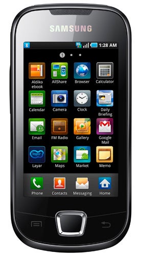 Samsung Galaxy Apollo smartphone displaying colorful app icons.