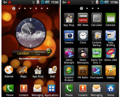 Samsung Galaxy Apollo interface with weather widget and apps.