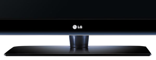Close-up of LG 47LX6900 TV's logo and stand.