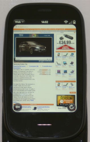 Smartphone displaying WebOS 2.0 interface with webpage open.