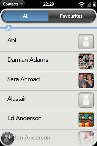 Screenshot of contacts list on WebOS 2.0 interface