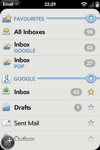 Screenshot of email application interface on WebOS 2.0