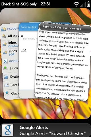 Screenshot of a WebOS 2.0 smartphone interface with email application open.