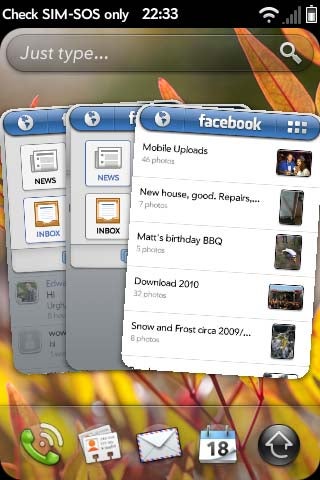 Screenshot of WebOS 2.0 interface with open Facebook app.