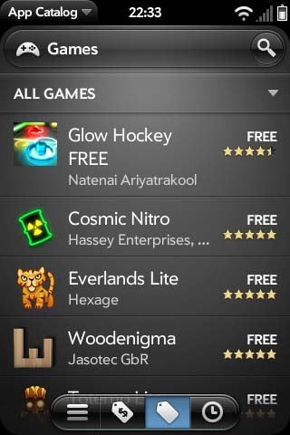 WebOS 2.0 app catalog displaying a list of games.