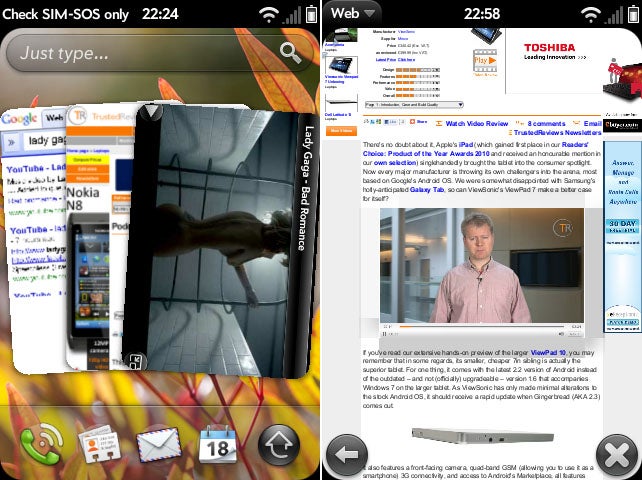 WebOS 2.0 interface on smartphone with review webpage open.