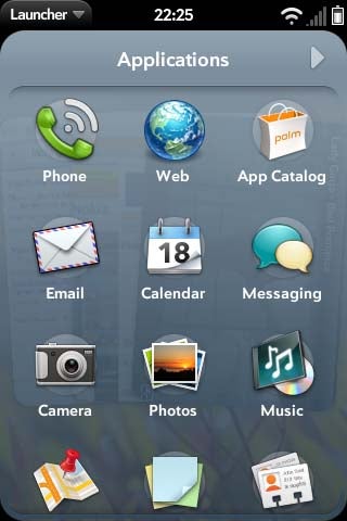 WebOS 2.0 interface showcasing applications on a smartphone.