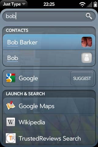 WebOS 2.0 search interface showing contact and web suggestions.