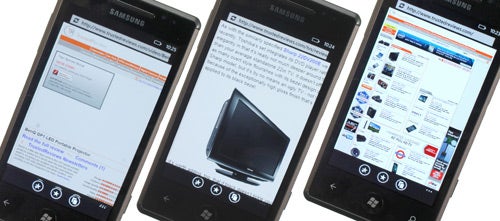 Samsung Omnia 7 GT-i8700 smartphones displaying various content.