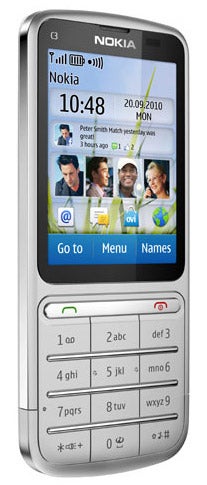 Nokia C3-01 Touch and Type mobile phone display and keypad.