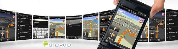Navigon MobileNavigator app screens on Android devices.