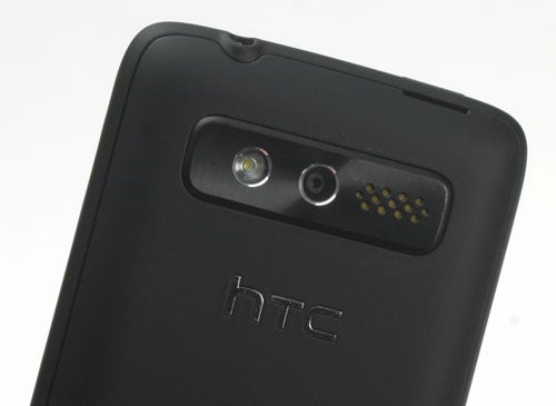Close-up of HTC 7 Trophy smartphone's camera and flash.