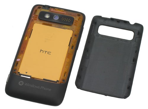 HTC 7 Trophy smartphone with battery cover removed.