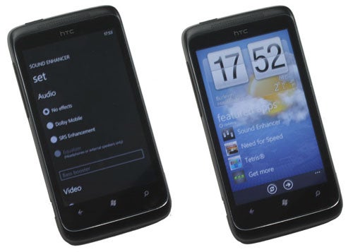 Two HTC 7 Trophy smartphones displaying screen features.