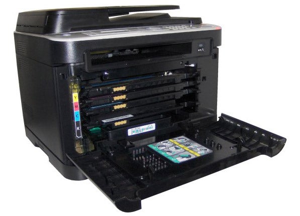 Samsung CLX-3185FW multifunction printer with open toner bay.