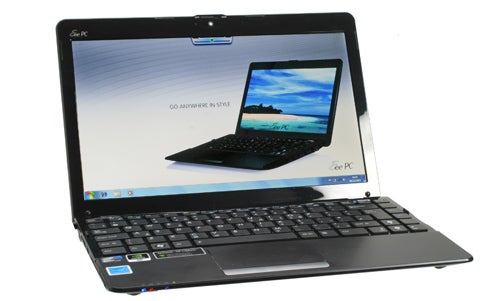 Asus Eee PC 1215N netbook with open lid on white background.