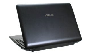 Asus Eee PC 1215N laptop closed, black cover with logo.