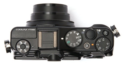 Top view of Nikon CoolPix P7000 camera with dials and buttons.