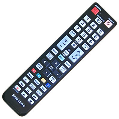 Samsung TV remote control with buttons and brand logo.