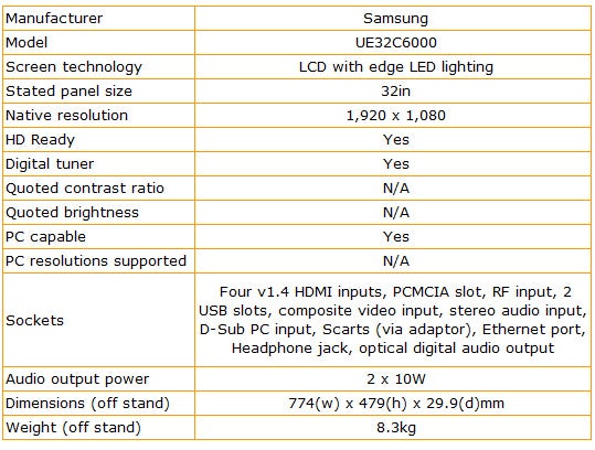 Samsung UE32C6000 TV specifications chart.