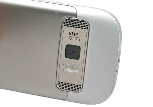 Close-up of Nokia C7's 8MP camera and LED flash.