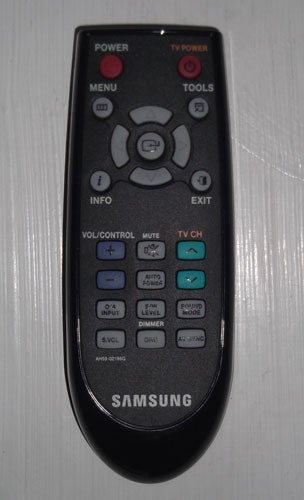 Samsung HW-C450 soundbar remote control on white background.
