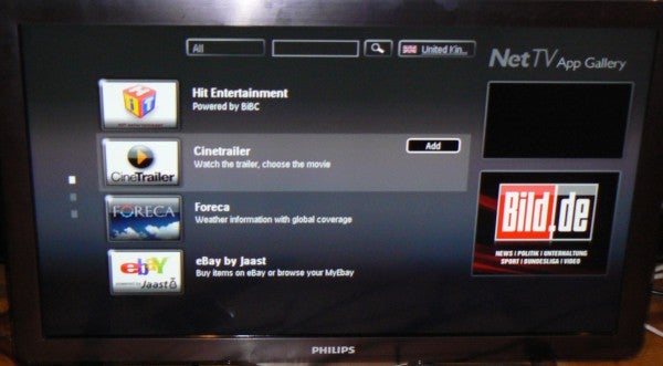 Online TV service interface on a Philips television screen.