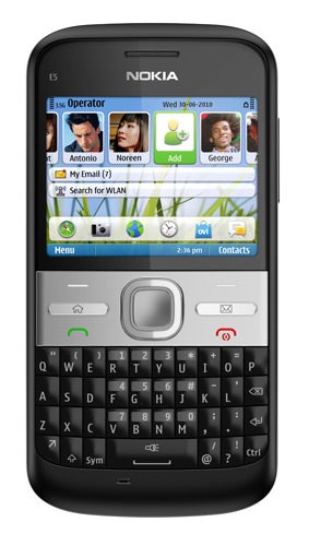 Nokia E5 smartphone with QWERTY keyboard and screen display.
