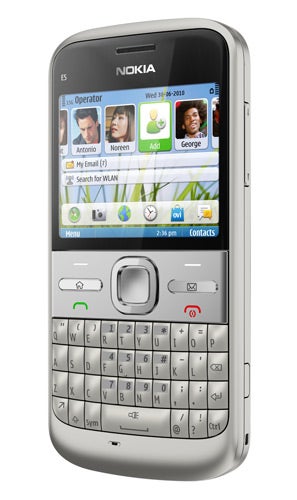 Nokia E5 smartphone with QWERTY keyboard and screen display.