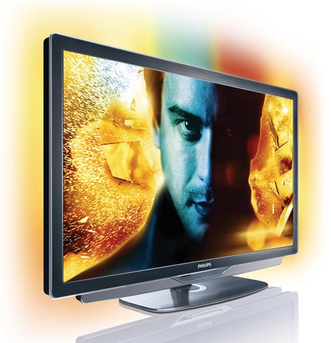 Philips flat-screen TV displaying high-definition movie scene.