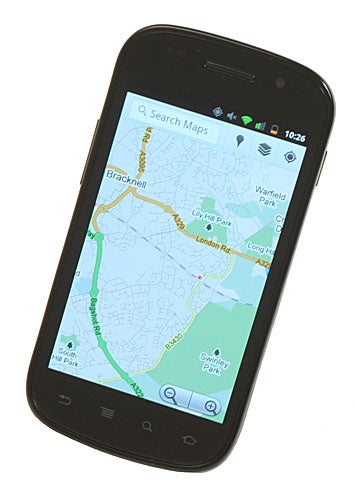 Google Nexus S smartphone displaying a map application.
