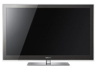Samsung flat-screen television front view, off, with silver bezel.