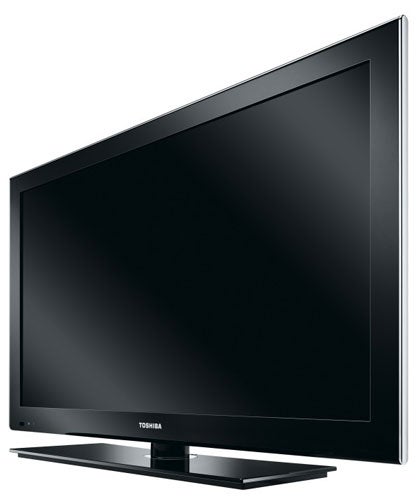 Toshiba flat-screen television on a black stand.