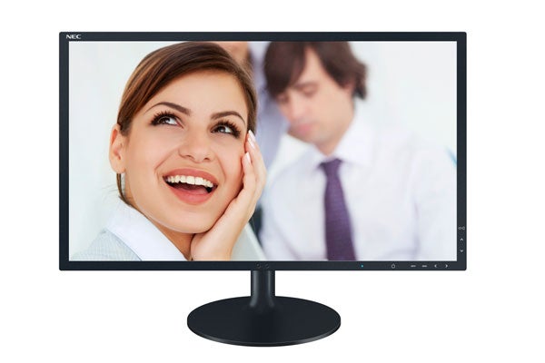 NEC MultiSync EX231W monitor displaying smiling woman's face.