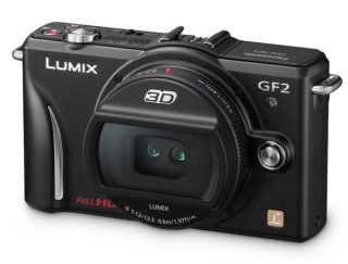 Panasonic Lumix DMC-GF2 camera with visible 3D lens