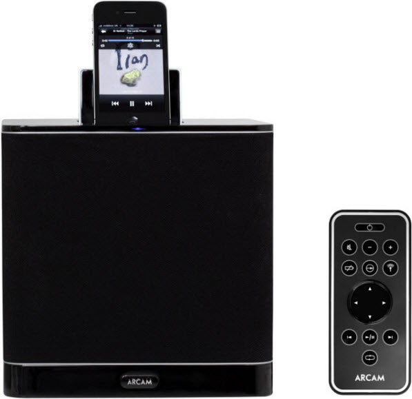 Arcam rCube portable speaker with docked smartphone and remote.
