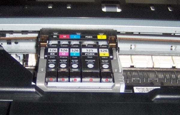Canon PIXMA MG5250 ink cartridges installed in printer.