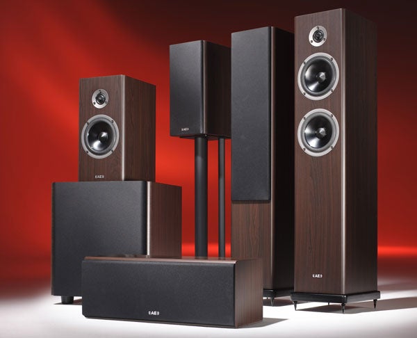 Acoustic Energy Aegis Neo V2 speaker series on red background.