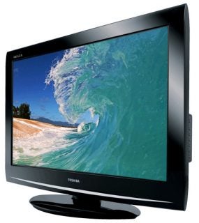 Toshiba Regza 32CV711B LCD television displaying ocean waves.
