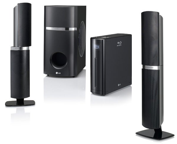 LG HB45E home cinema system with speakers and Blu-ray player.