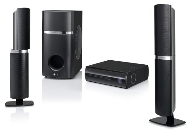 LG HB45E home cinema system with speakers and subwoofer.