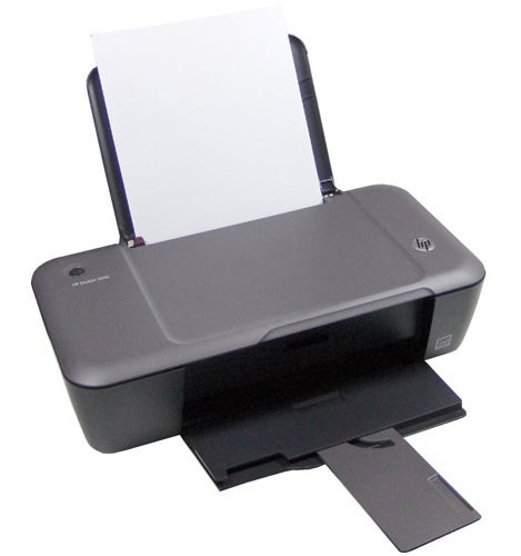 HP Deskjet 1000 printer with paper loaded in tray